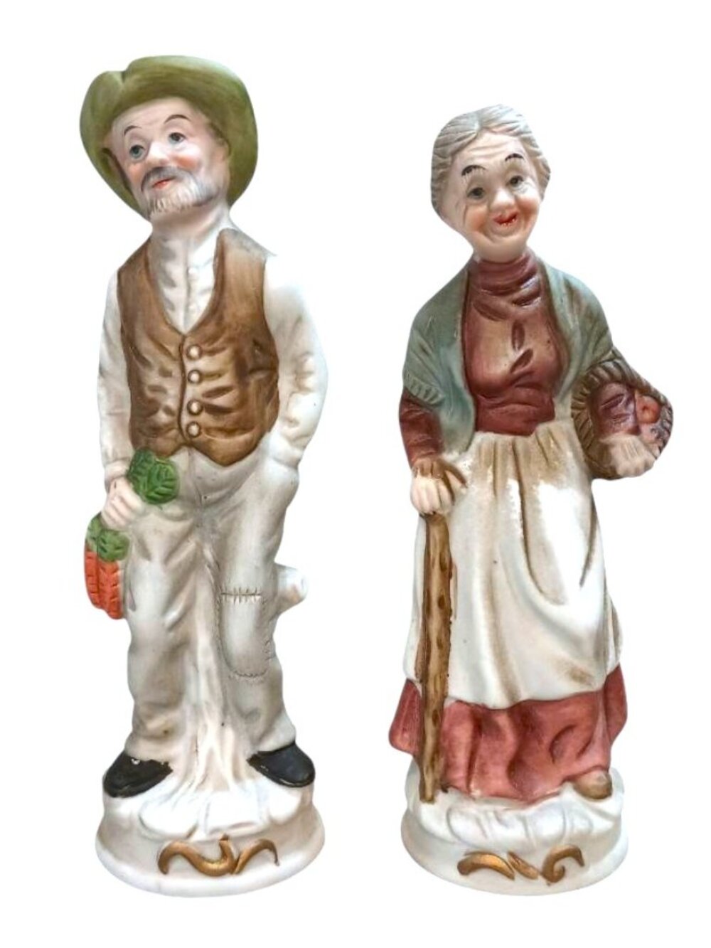 Vintage Flambro Old Man & Woman Farmers Porcelain Figurines 6 3/4" Tall 1970-80s